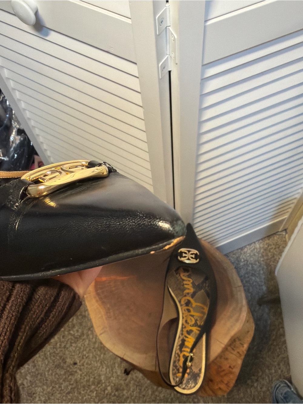 Black Leather Pointed Slingback Flat with Gold Hardware - Picture 6 of 8